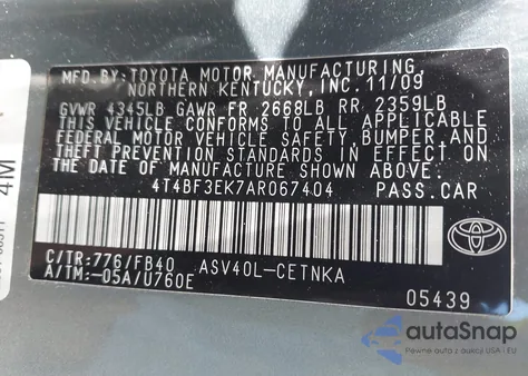 2010 Toyota Camry Le/Se/Xle из США, поврежденный, VIN 4T4BF3EK7AR067404